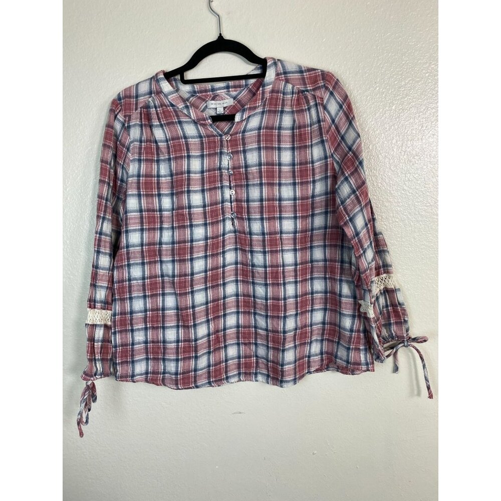 Skies Are Blue Boho top Women Sz Large Peasant Plaid Long Sleeve Prairie Cottage